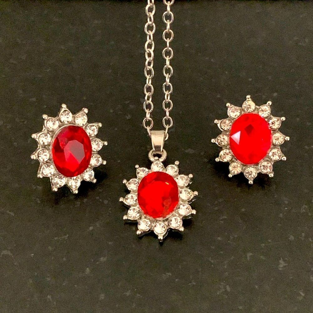 Ruby Red Oval Pendant Necklace & Stud Earring Set with CZ Halo in Silver Tone